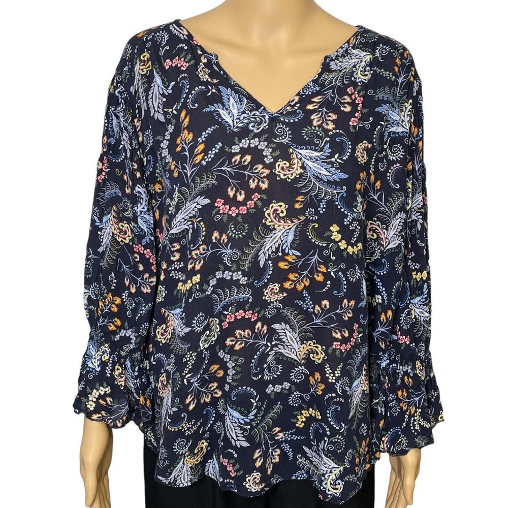 VTG Democracy Womens L Blue Floral V-Neck Long Sleeve Ruffle Cuffs Blouse Shirt